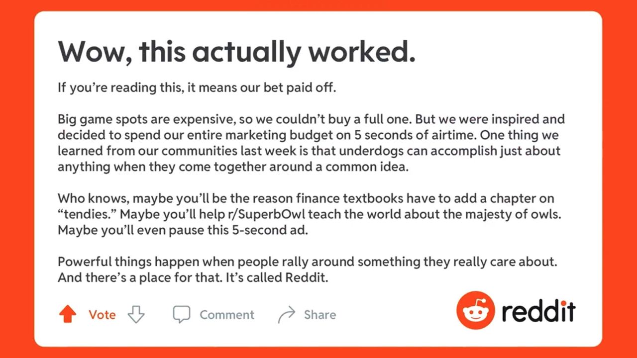 Reddit's Superbowl ad aired for about five seconds during the big game on Sunday, February 7, 2021.