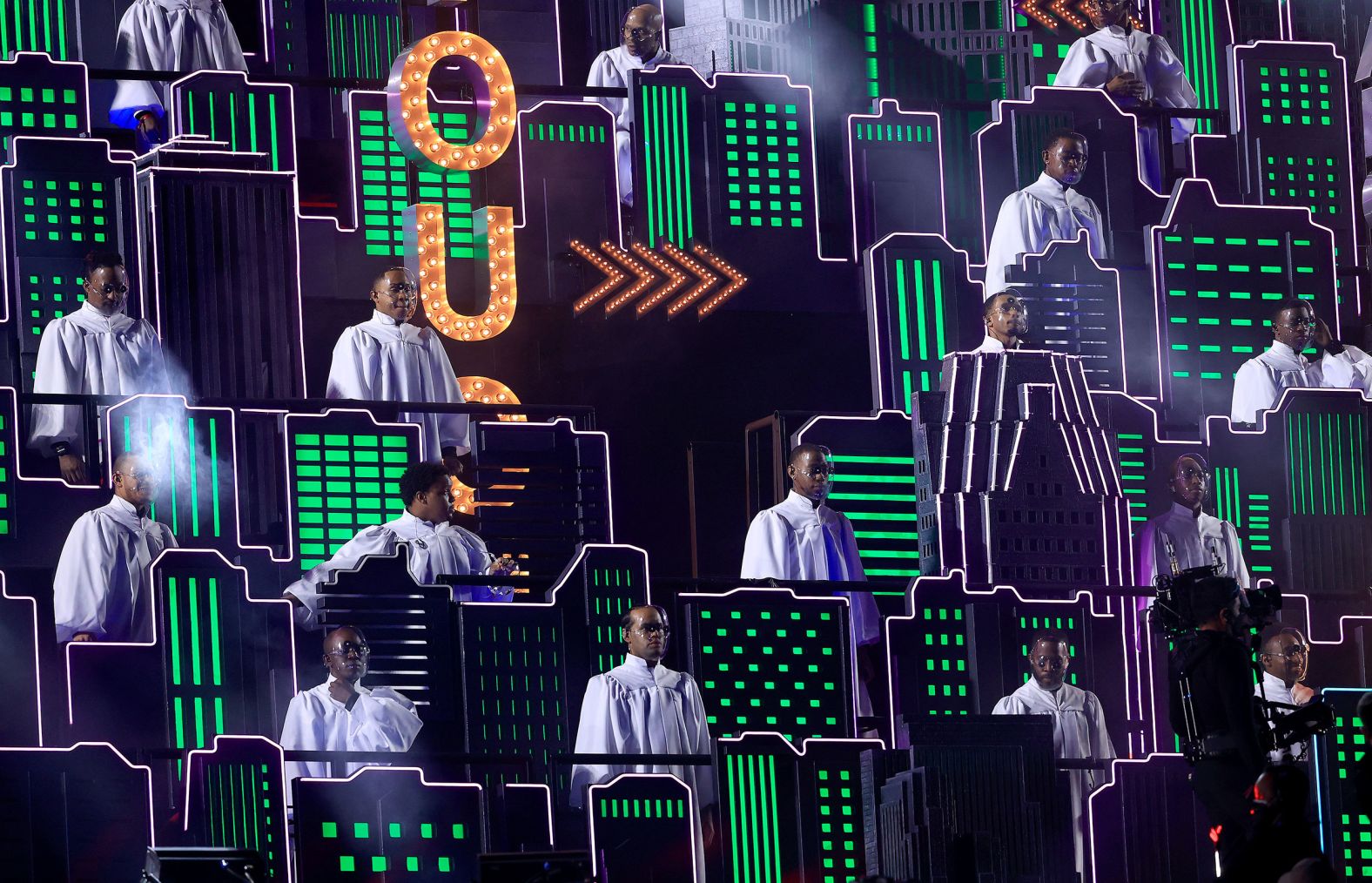 A closer look at the choir behind The Weeknd.