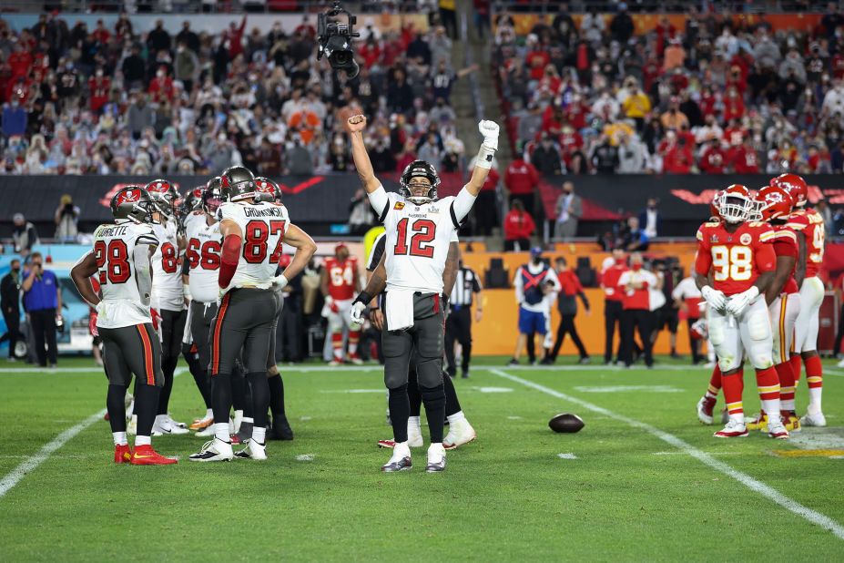 Brady celebrates at the end of the Buccaneers' win over Kansas City in Super Bowl LV. He was named the game's Most Valuable Player.