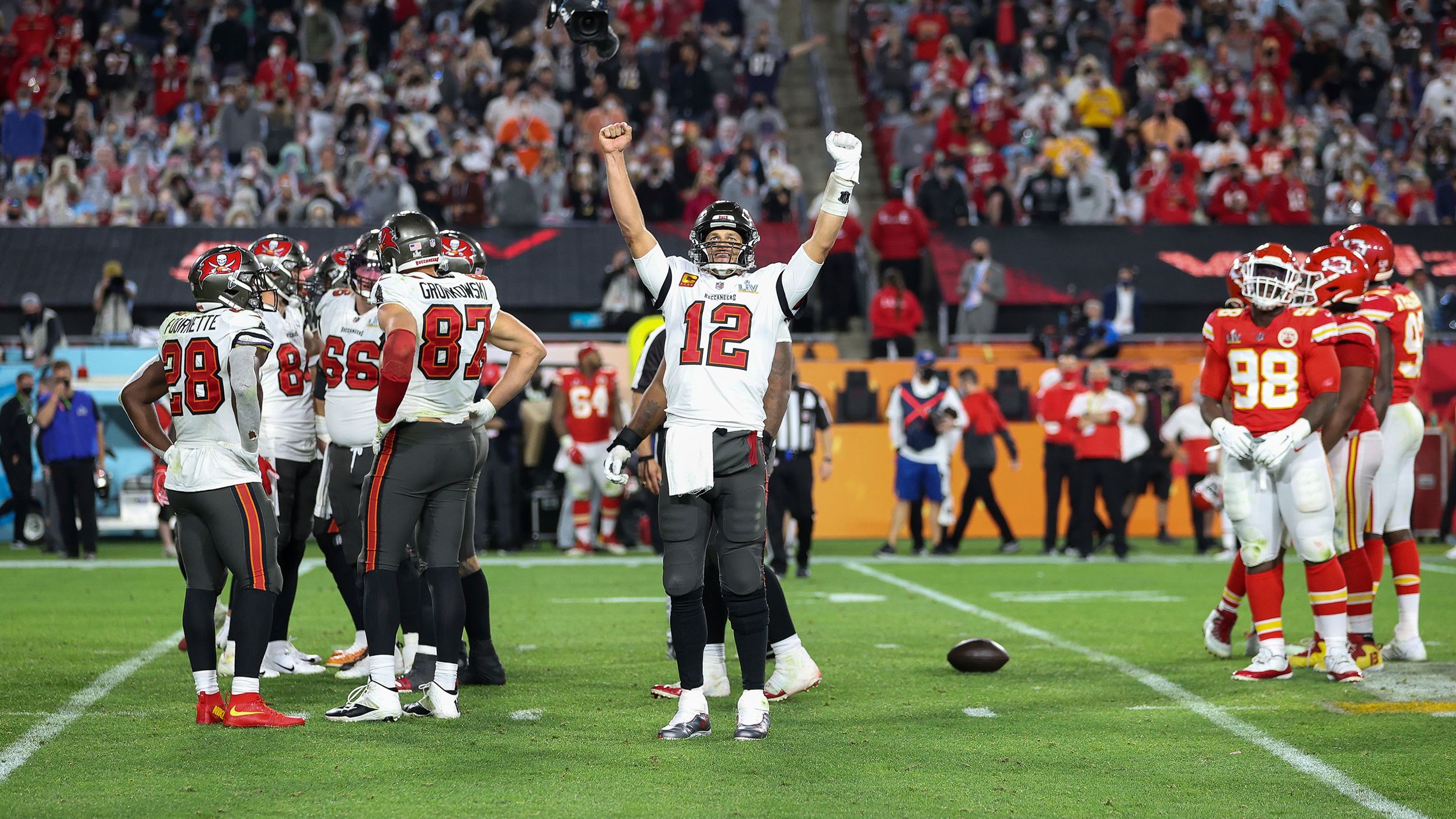 Brady celebrates at the end of the Buccaneers' win over Kansas City in Super Bowl LV. He was named the game's Most Valuable Player.