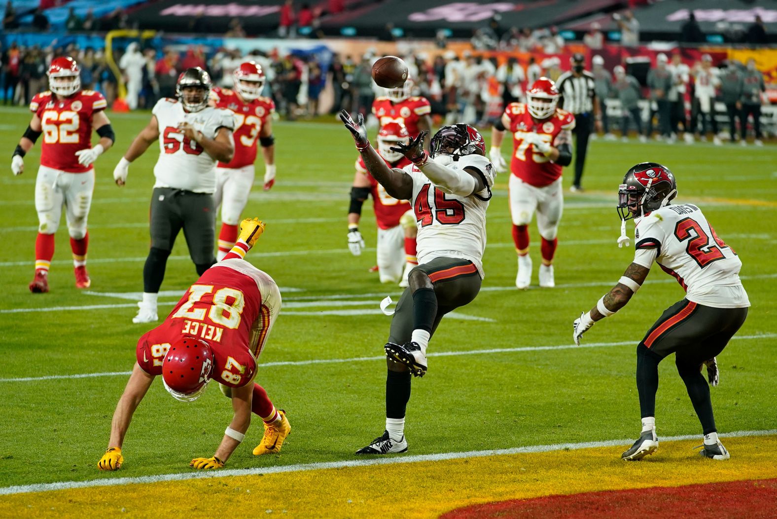 Tampa Bay linebacker Devin White intercepts a pass late in the game.