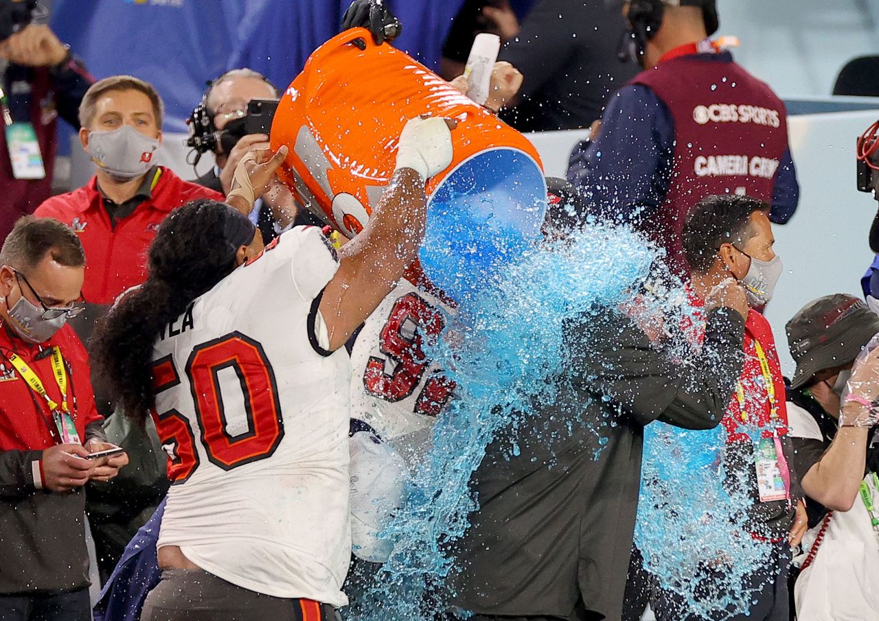 Players dump Gatorade on Tampa Bay head coach Bruce Arians. This is Arians' first title as a head coach. It was the Buccaneers' second title in franchise history.