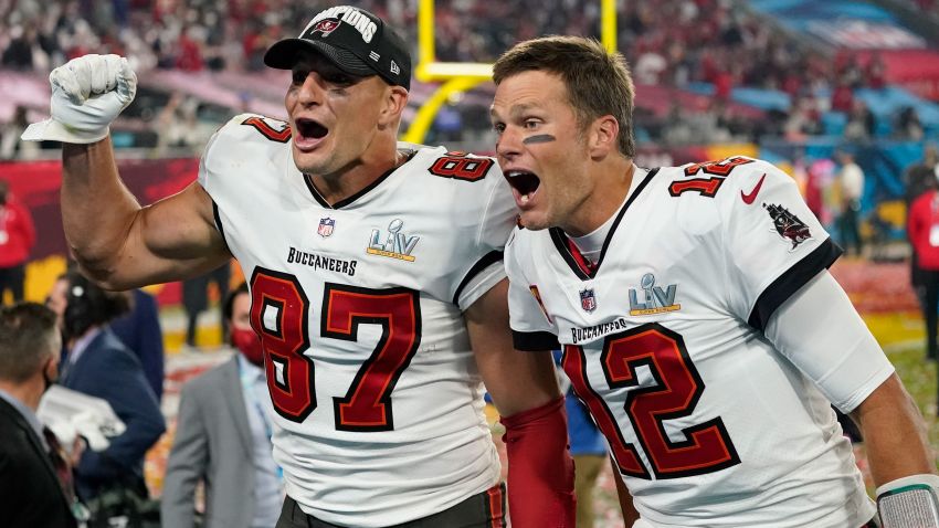 Tampa Bay Buccaneers tight end Rob Gronkowski, left, and quarterback Tom Brady celebrate after defeating the Kansas City Chiefs in the NFL Super Bowl 55 football game Sunday, Feb. 7, 2021, in Tampa, Fla. The Buccaneers defeated the Chiefs 31-9 to win the Super Bowl. (AP Photo/Ashley Landis)