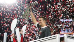 Tampa Bay Buccaneers quarterback Tom Brady (12) holds the Vince Lombardi trophy following the NFL Super Bowl 55 football game against the Kansas City Chiefs, Sunday, Feb. 7, 2021 in Tampa, Fla. Tampa Bay won 31-9 to win Super Bowl LV. (Ben Liebenberg via AP)