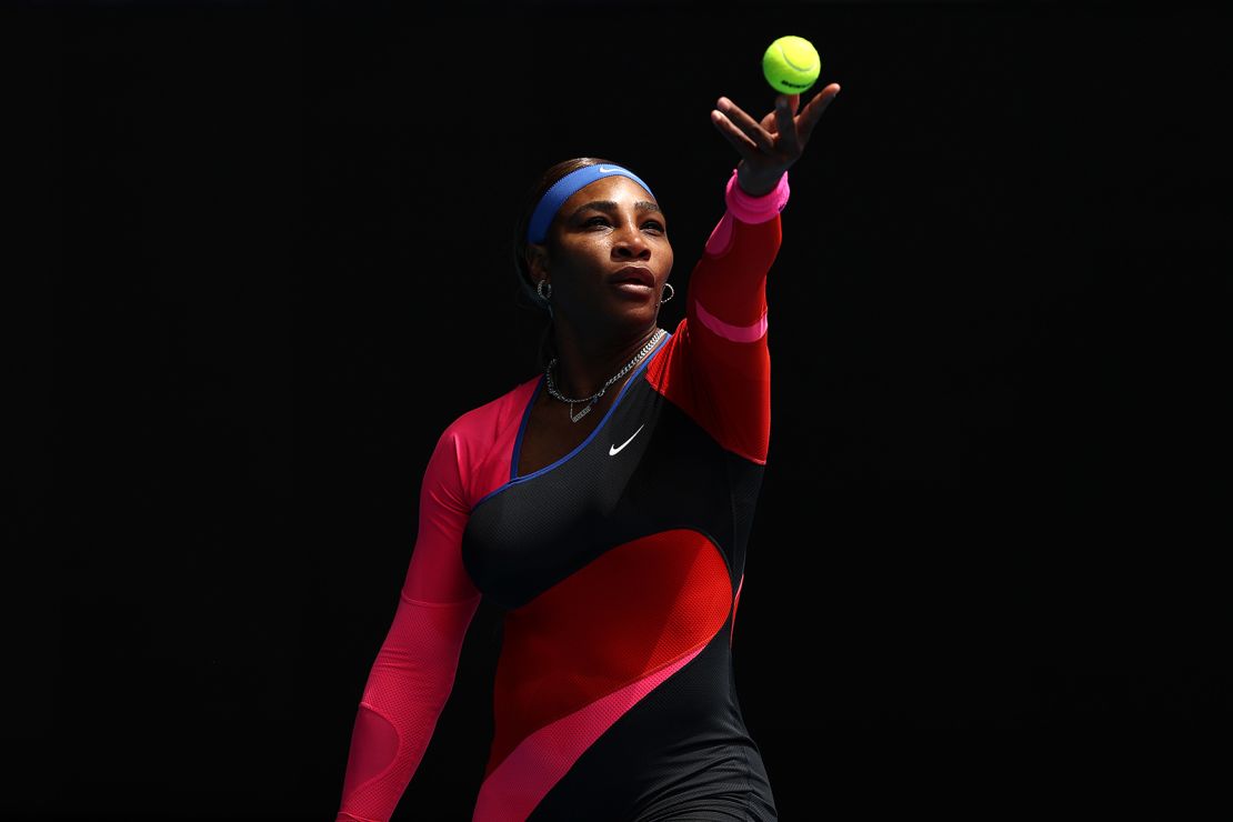 Serena Williams serves against Laura Siegemund at the Australian Open.