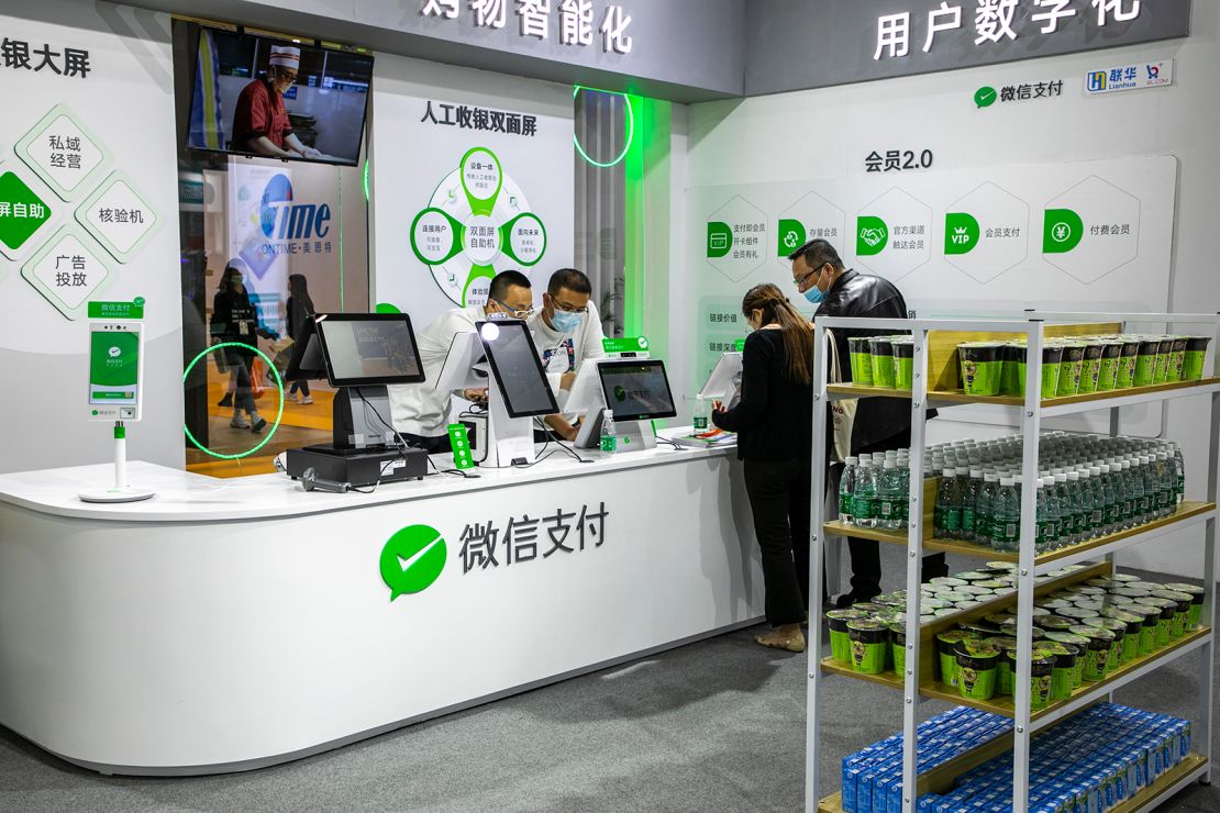 Tencent's WeChat Pay — seen here at the China Retail Trade Fair in November 2020 — is Alipay's main rival. 