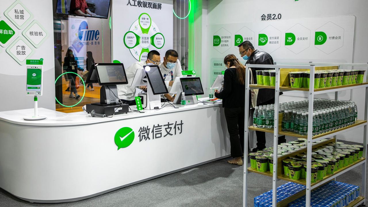 Tencent's WeChat Pay — seen here at the China Retail Trade Fair in November 2020 — is Alipay's main rival. 