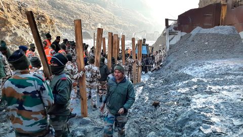 Indo Tibetan Border Police (ITBP) personnel take part in rescue efforts at the hydro power project at Reni village in ​​Chamoli district, Uttarakhand,  February, 8, 2021. 