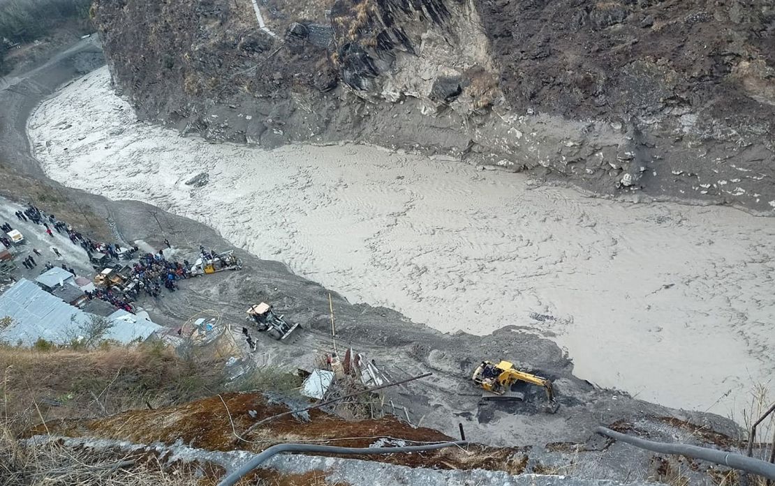 Rescue operations continued Monday near the Dhauliganga hydro power project after a portion of Nanda Devi glacier broke off, in Chamoli district, Uttarakhand, India.
