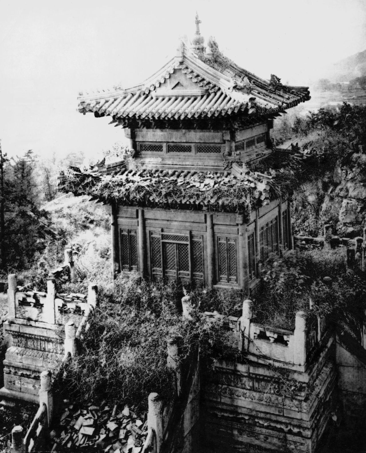 A temple in the ruins of the Old Summer Palace, pictured circa 1860.