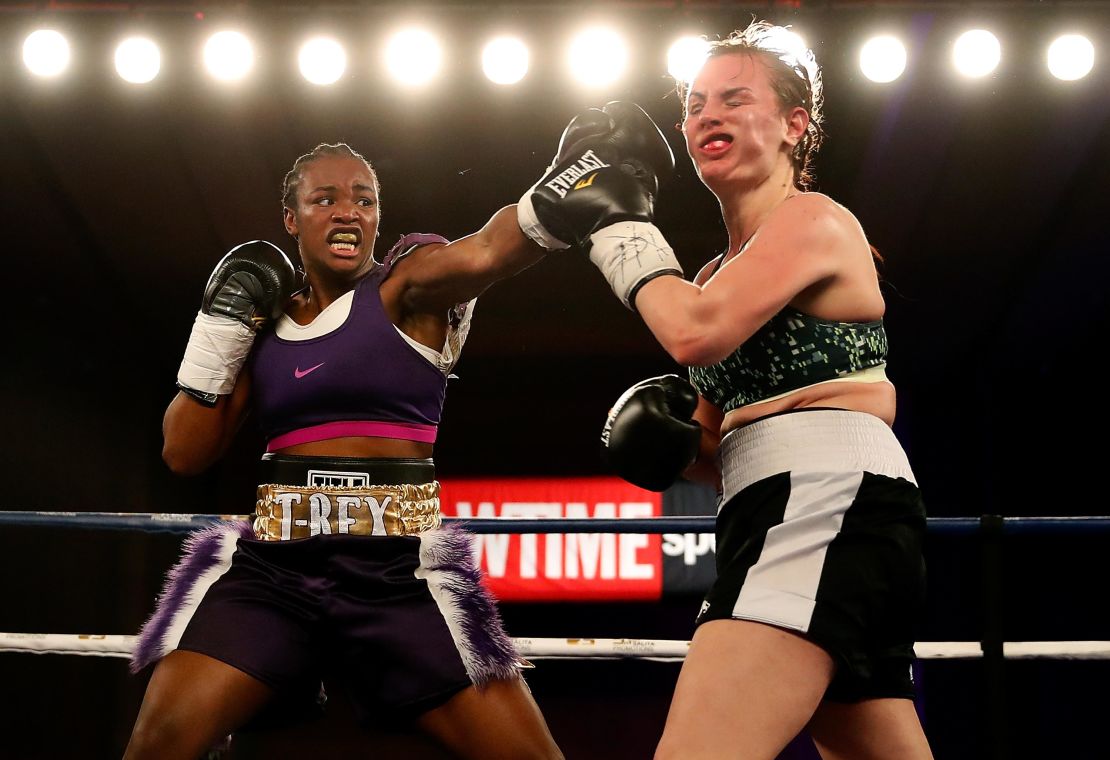 Clarissa Shields lands a punch on Szilvia Szabados of Hungary in 2017.