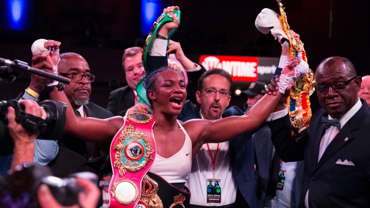 ATLANTIC CITY, NJ - APRIL 13: Claressa Shields reacts after defeating Christina Hammer (not pictured) and becoming the women's undisputed middleweight champion at Atlantic City Boardwalk Hall on April 13, 2019 in Atlantic City, New Jersey. (Photo by Mitchell Leff/Getty Images)