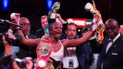 ATLANTIC CITY, NJ - APRIL 13: Claressa Shields reacts after defeating Christina Hammer (not pictured) and becoming the women's undisputed middleweight champion at Atlantic City Boardwalk Hall on April 13, 2019 in Atlantic City, New Jersey. (Photo by Mitchell Leff/Getty Images)