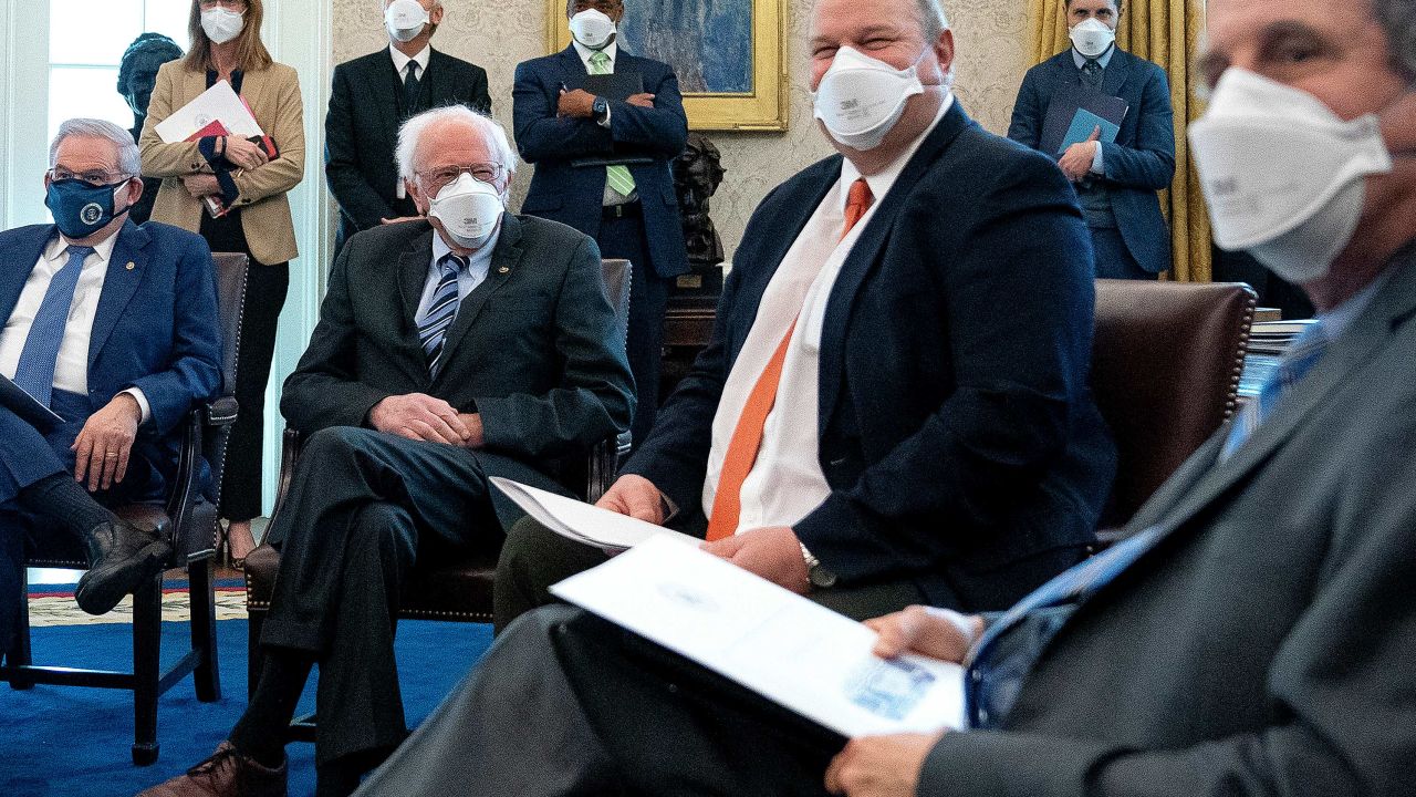 Democratic senators meet with President Joe Biden and Vice President Kamala Harris to discuss his $1.9 trillion American Rescue Plan in the Oval Office at the White House on February 3. 