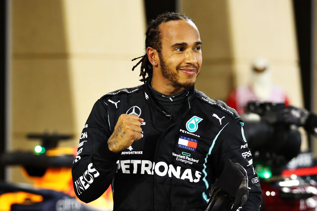 Hamilton celebrates during last year's Bahrain GP.