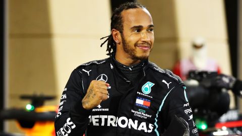 Hamilton celebrates during last year's Bahrain GP.