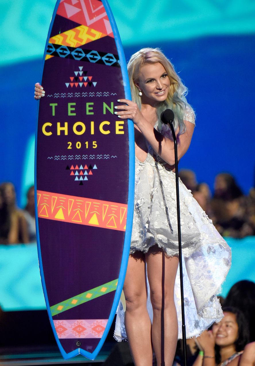 Spears speaks during the Teen Choice Awards in 2015.