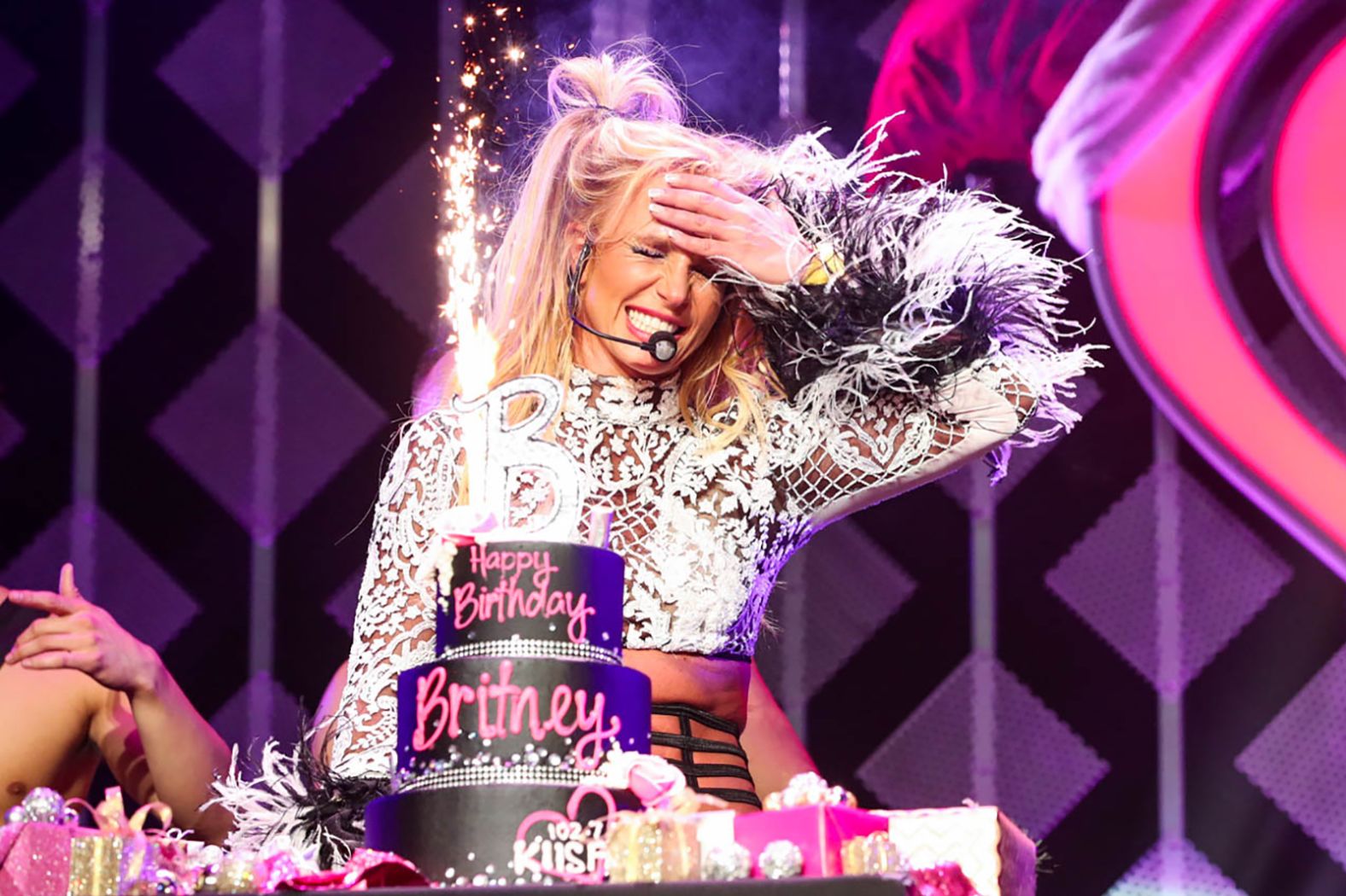 Spears gets a birthday cake at the Jingle Ball event in Los Angeles in 2016.