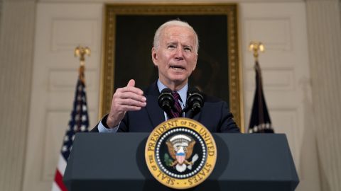 U.S. President Joe Biden delivers remarks on the national economy and the need for his administration's proposed $1.9 trillion coronavirus relief legislation in the State Dining Room at the White House on February 05, 2021.
