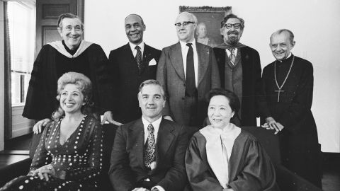 Wu received an honorary degree from Harvard in 1974. Here she's pictured at the right of the bottom row, sitting beside the university's president, Derek Bok, and opera star Beverly Sills, a fellow honorary degree recipient. MIT President Jerome B. Wiesner, novelist Ralph Ellison, cellist Mstislav Rostropovich, Institute for Advanced Study faculty member Clifford Geertz and Archbishop Monsignor Rev. Helder Camara also received honorary degrees that year and are pictured in the top row.