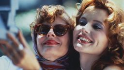 Actresses Susan Sarandon (left) and Geena Davis star in the film 'Thelma And Louise', 1991. (Photo by Fotos International/Getty Images)