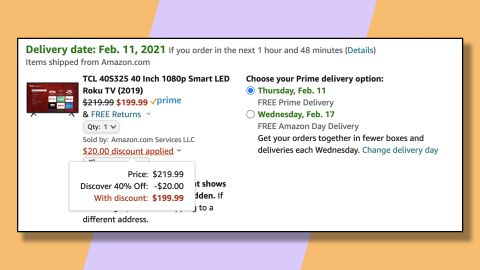 Use the 40% version of the Discover discount to save a maximum of $20 on this TCL 40-inch TV.