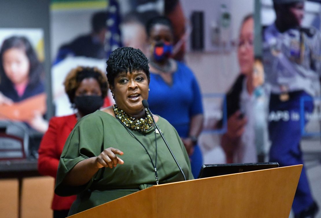 New Atlanta Public Schools Superintendent Lisa Herring speaks after she was sworn in during a ceremony at Atlanta Public Schools Headquarters.