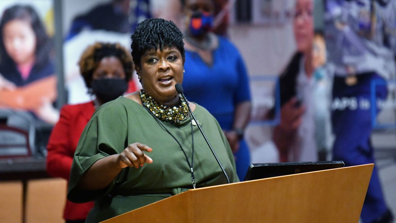 New Atlanta Public Schools Superintendent Lisa Herring speaks after she was sworn in during a ceremony at Atlanta Public Schools Headquarters.