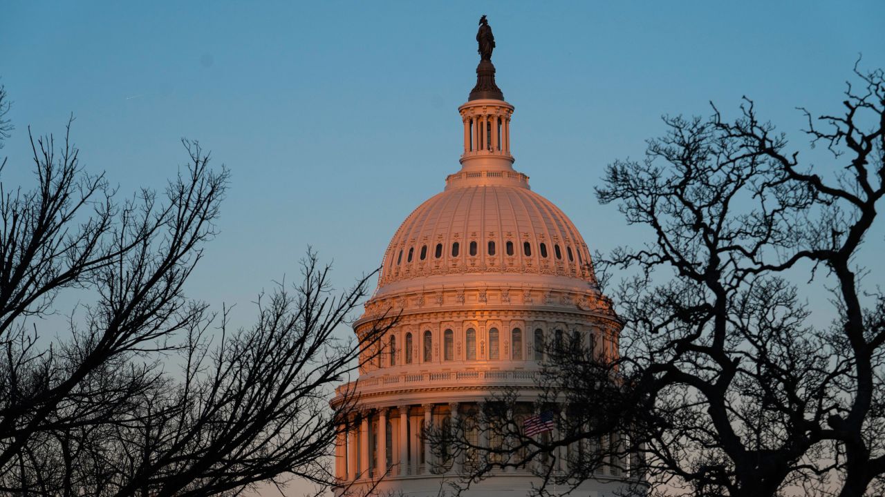 The exterior of the U.S. Capitol building is seen at sunrise on February 8, 2021 in Washington, DC. (Photo by Sarah Silbiger/Getty Images)