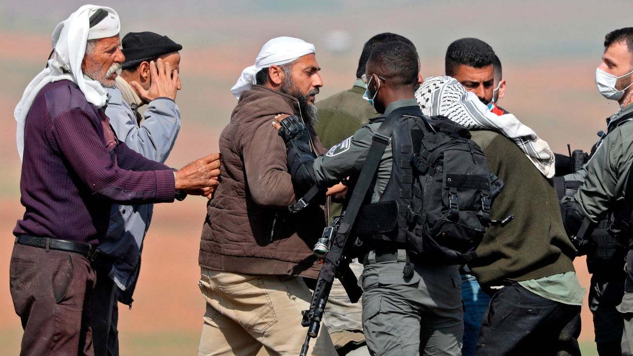 Residents clash with Israeli security forces as soldiers demolish Bedouin tents and structures, east of the village of Tubas, in the West Bank, on February 8, 2021. 
