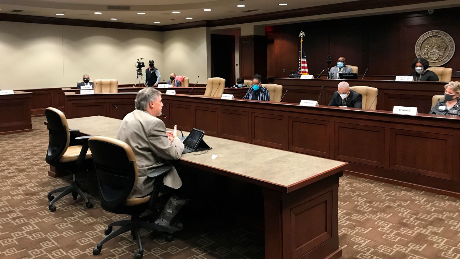 Arkansas state Rep. Mark Lowery speaks to members of the Legislative Black Caucus about his bill threatening funding cuts to schools teaching the 1619 Project. The bill failed in committee on Tuesday.