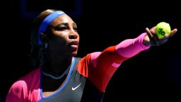 Serena Williams of the US serves against Serbia's Nina Stojanovic during their women's singles match on day three of the Australian Open tennis tournament in Melbourne on February 10, 2021. (Photo by Paul CROCK / AFP) / -- IMAGE RESTRICTED TO EDITORIAL USE - STRICTLY NO COMMERCIAL USE -- (Photo by PAUL CROCK/AFP via Getty Images)
