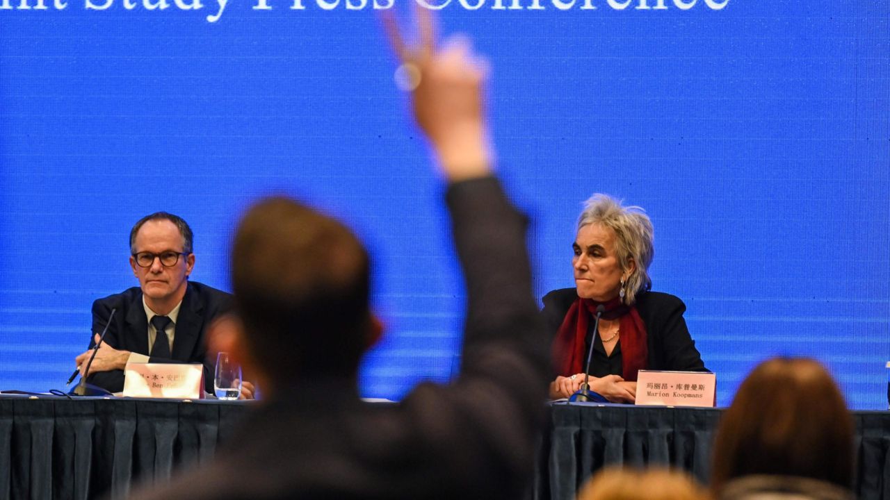 Peter Ben Embarek (L) and Marion Koopmans (R) attend a press conference to wrap up a visit by an international team of experts from the World Health Organization (WHO) in the city of Wuhan, in China's Hubei province on February 9, 2021. (Photo by Hector RETAMAL / AFP) (Photo by HECTOR RETAMAL/AFP via Getty Images)