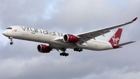 A Virgin Atlantic Airbus A350 lands at London's Heathrow Airport on October 28, 2020.