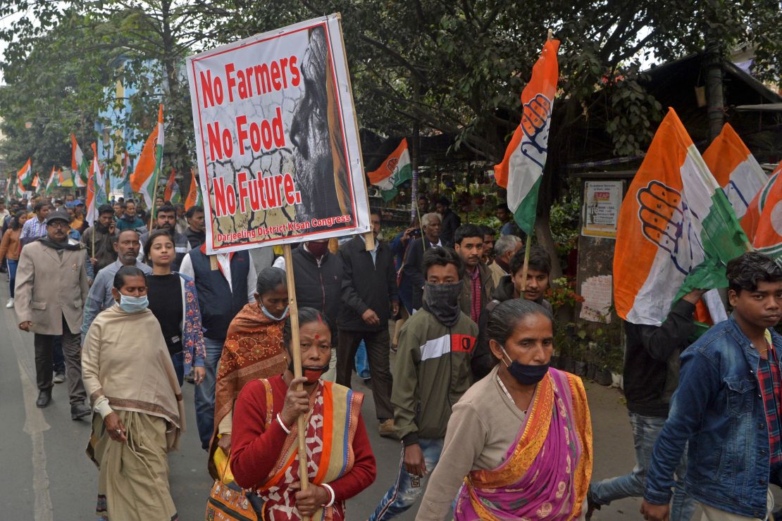 Indian protesters at a rally against the new farming laws in Siliguri, West Bengal, on February 6.