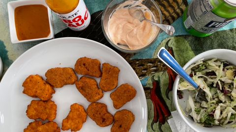 The original and spicy Nuggs with an array of sauces 