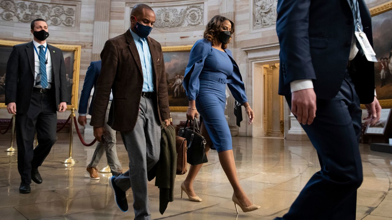 Stacey Plaskett, one of the nine House impeachment managers, walks through the US Capitol Rotunda on Wednesday. She represents the US Virgin Islands' at-large congressional district, and she is the first delegate in US history to serve on a team of impeachment managers.