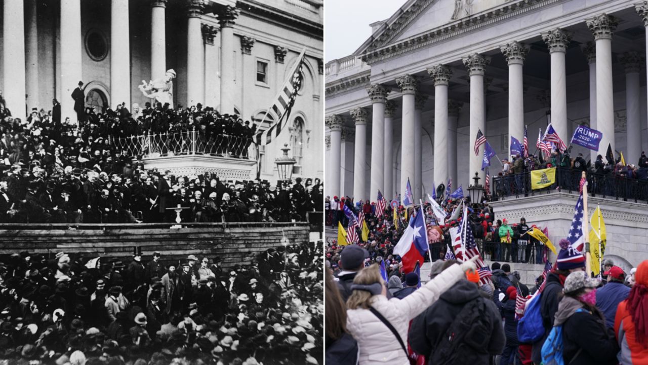 Left: President Abraham Lincoln speaks during his inauguration in 1865. Right: Rioters swarm the Capitol on January 6, 2021.