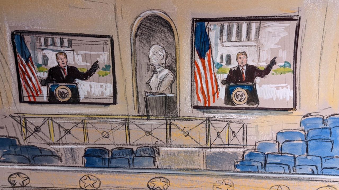 Monitors displaying video of former President Donald Trump are played during the Senate impeachment trial on February 10, 2021.