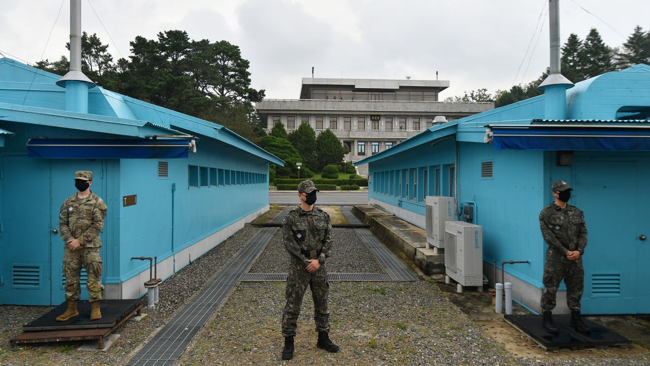 U.S. and South Korean army soldiers stand guard during South Korean Unification Minister Lee In-young's visit to Panmunjom between South and North Korea in the demilitarized zone on September 16, 2020 in Panmunjom, South Korea.