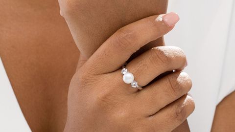Zales Button Cultured Freshwater Pearl and Lab-Created White Sapphire 3-Stone Ring