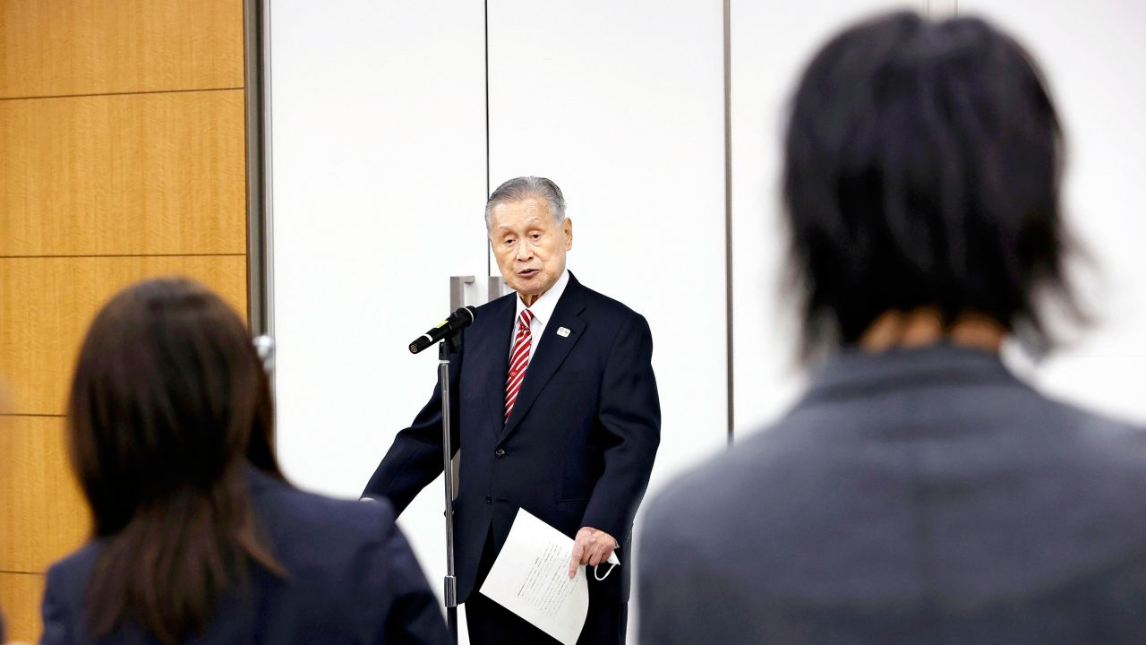 Yoshiro Mori, the former President of Tokyo Olympic and Paralympic Games Organising Committee (TOGOC) speaks to reporters at the JOC headquarters in Chuo Ward, Tokyo on Feb. 4, 2021.