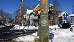 A memorial for Yale School of the Environment student Kevin Jiang near the scene of his shooting at the corner of Nicoll and Lawrence Street in New Haven, Conn., Monday, Feb. 8, 2021. (Arnold Gold/Hearst Connecticut Media via AP)