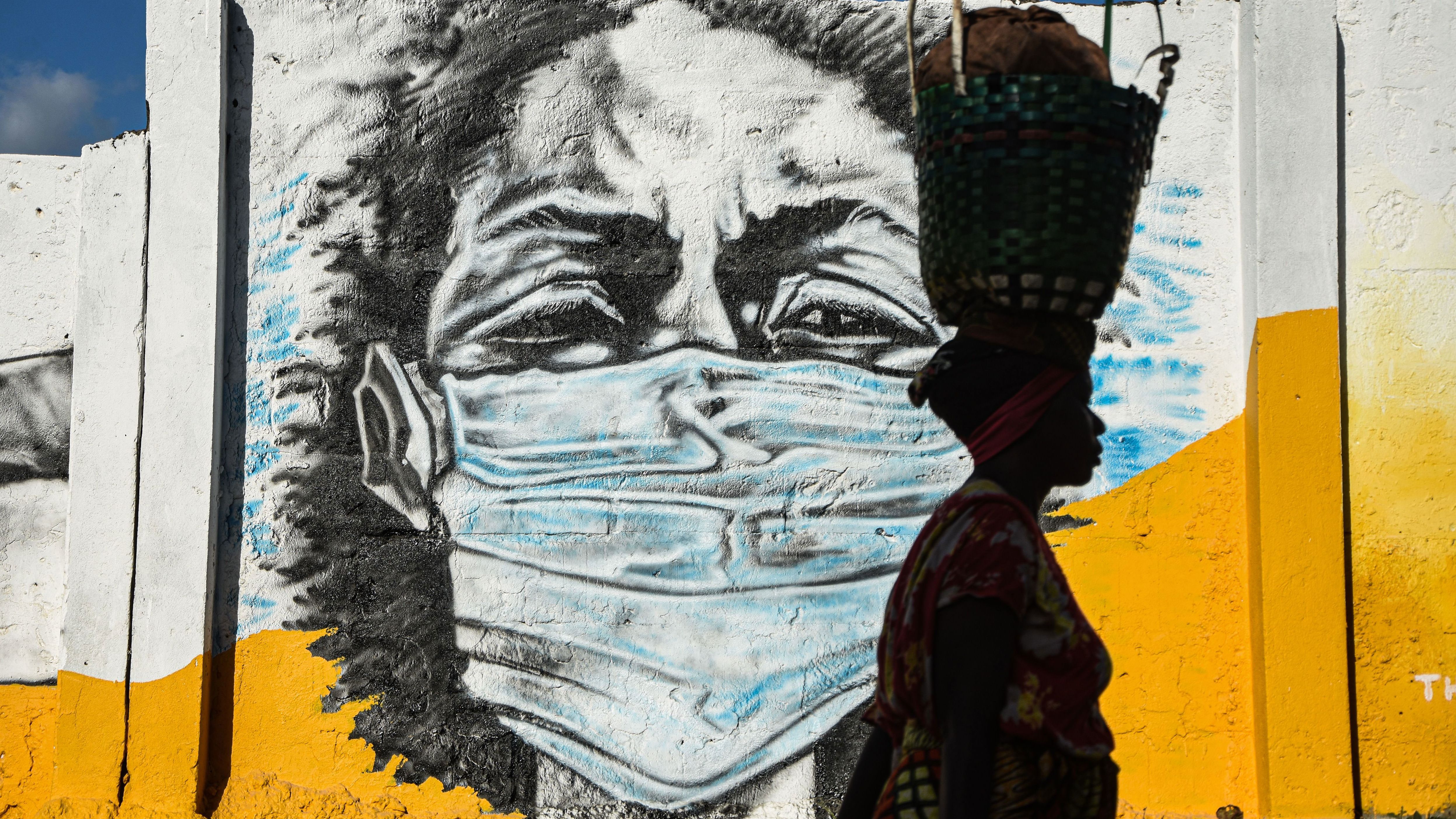Graffiti painted by the Wachata artists group to raise awareness about wearing masks to avoid the risk of the Covid-19 in Dar es Salaam on May 26, 2020.