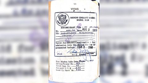 The visa issued to Lakshmi Menon, Anita Raghavan's mother, which allowed her to take up a job at Brooklyn Public Library in 1959.