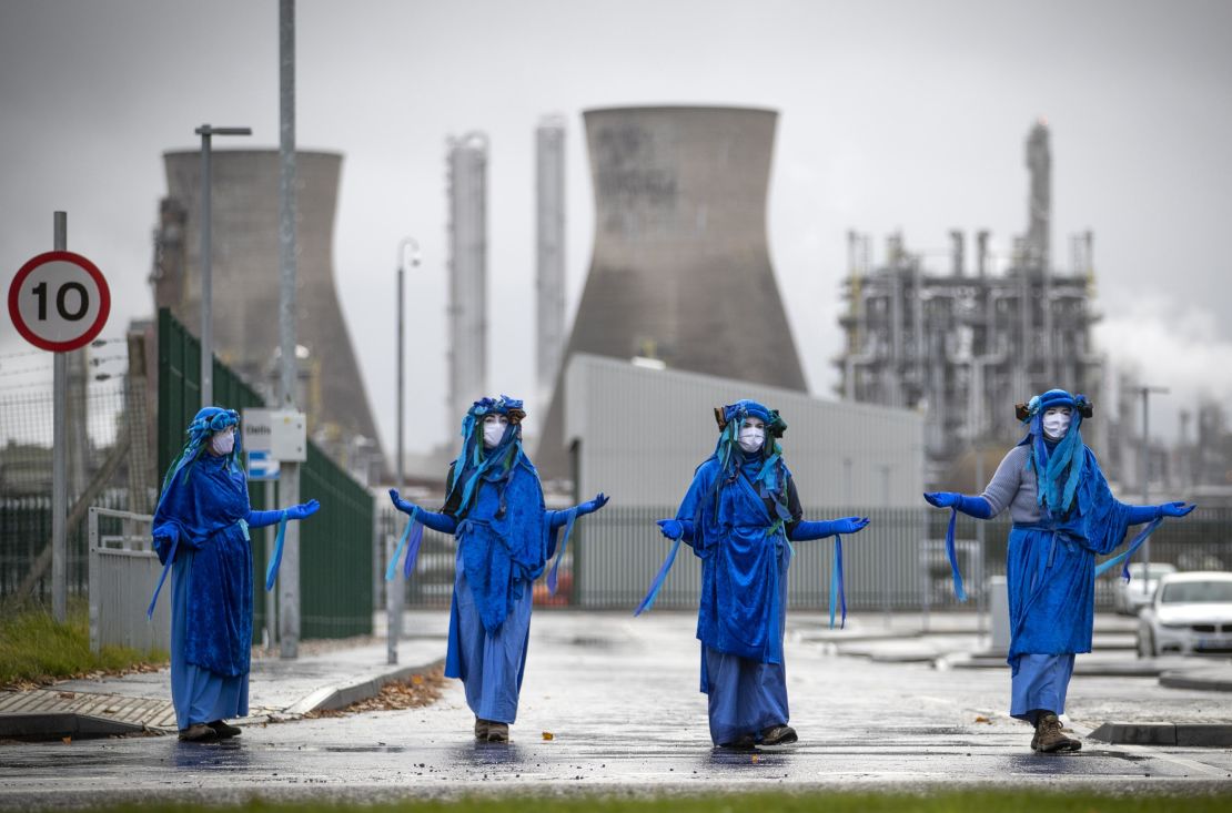 Activists from Extinction Rebellion Scotland stage a blockade on the road outside the Ineos oil refinery at Grangemouth.