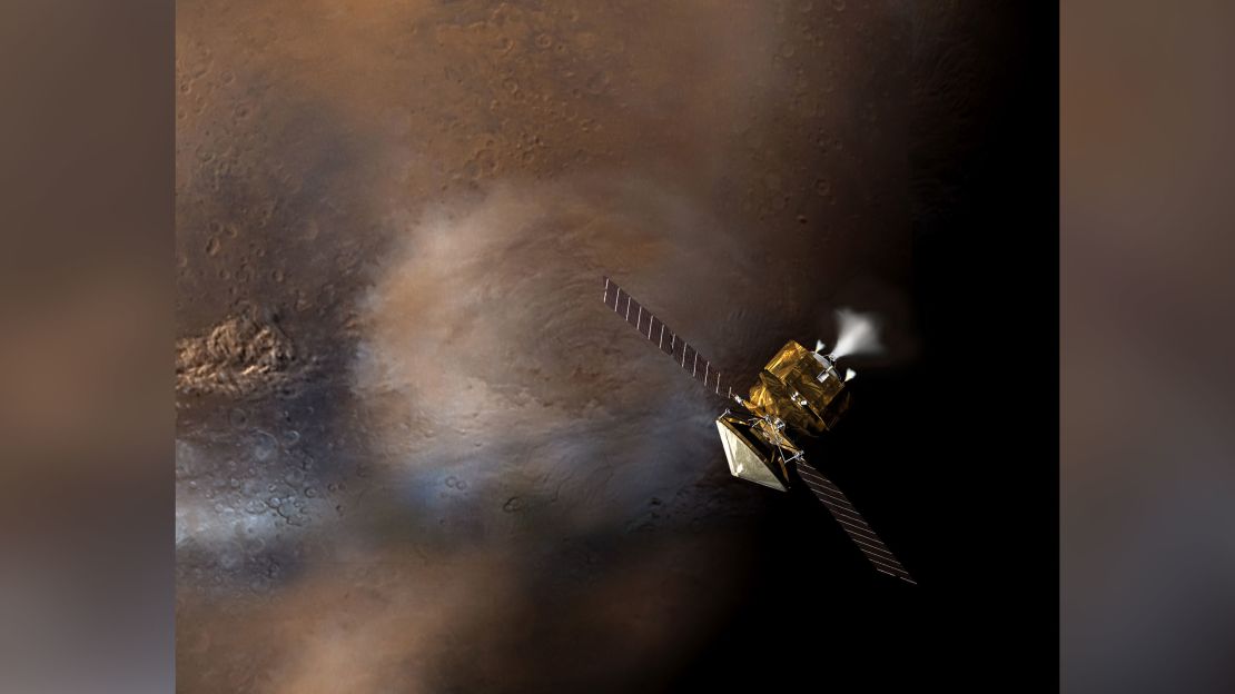 This artist's concept shows the Mars Reconnaissance Orbiter going into orbit around Mars.