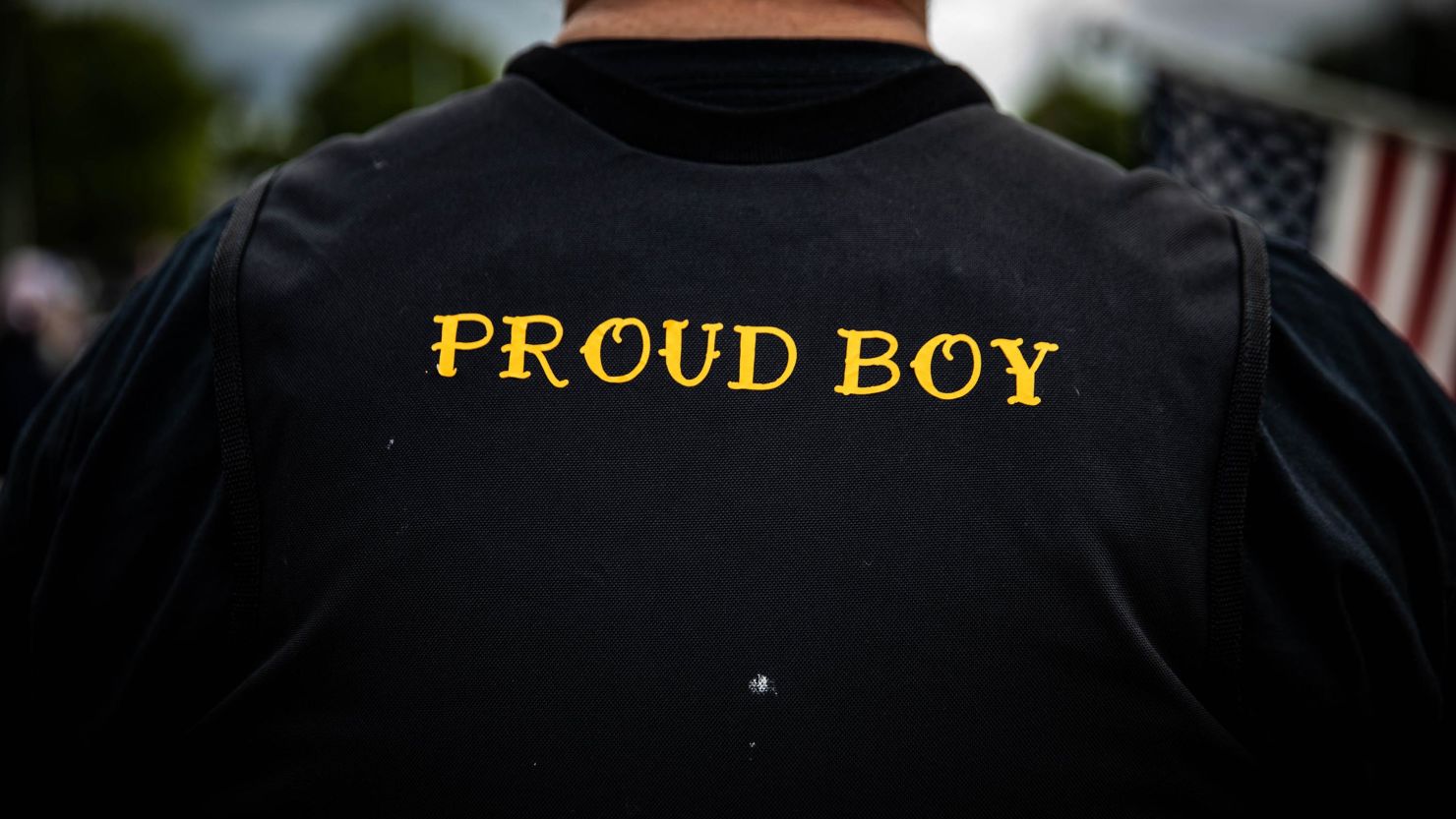 A man wears a Proud Boy vest as several hundred members of the Proud Boys and other similar groups gathered at Delta Park in Portland, Oregon, on September 26, 2020. 