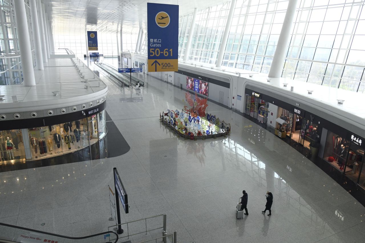 Few people are seen at the international airport in Wuhan, China, on February 11.