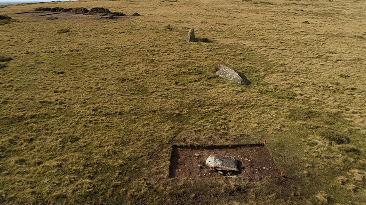 Shown here is the arc of former standing stones at Waun Mawn in Pembrokeshire, Wales, during trial excavations in 2017, viewed from the east. Only one of them is still standing. 